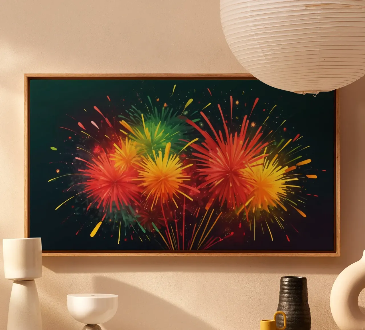 Vibrant, joyful explosion of colorful fireworks canvas with Floater frame by DesignDoodle