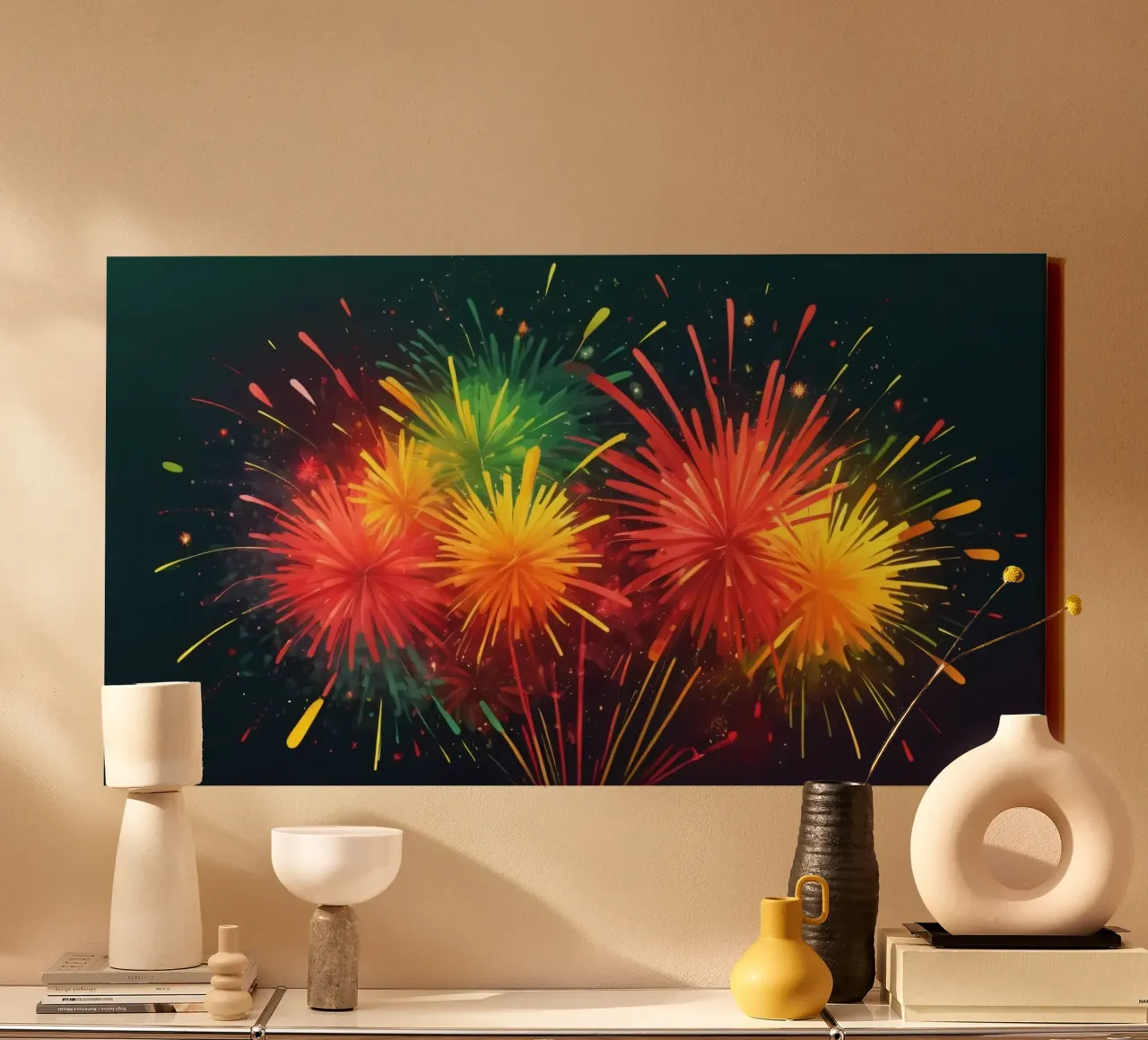 Vibrant, joyful explosion of colorful fireworks canvas with Floater frame by DesignDoodle