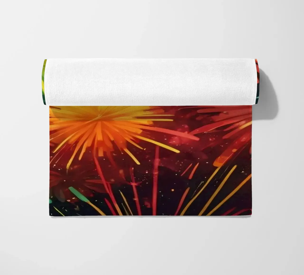 Vibrant, joyful explosion of colorful fireworks beach towel by DesignDoodle