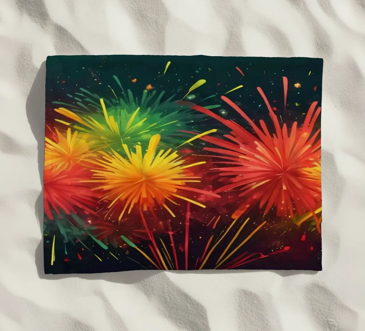Vibrant, joyful explosion of colorful fireworks beach towel by DesignDoodle