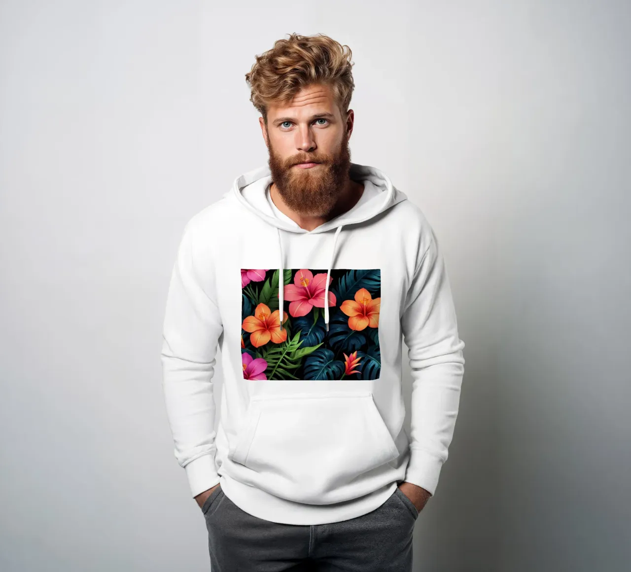 Vibranti fiori tropicali si combinano in un'esposizione artistica felpa con cappuccio da DesignDoodle
