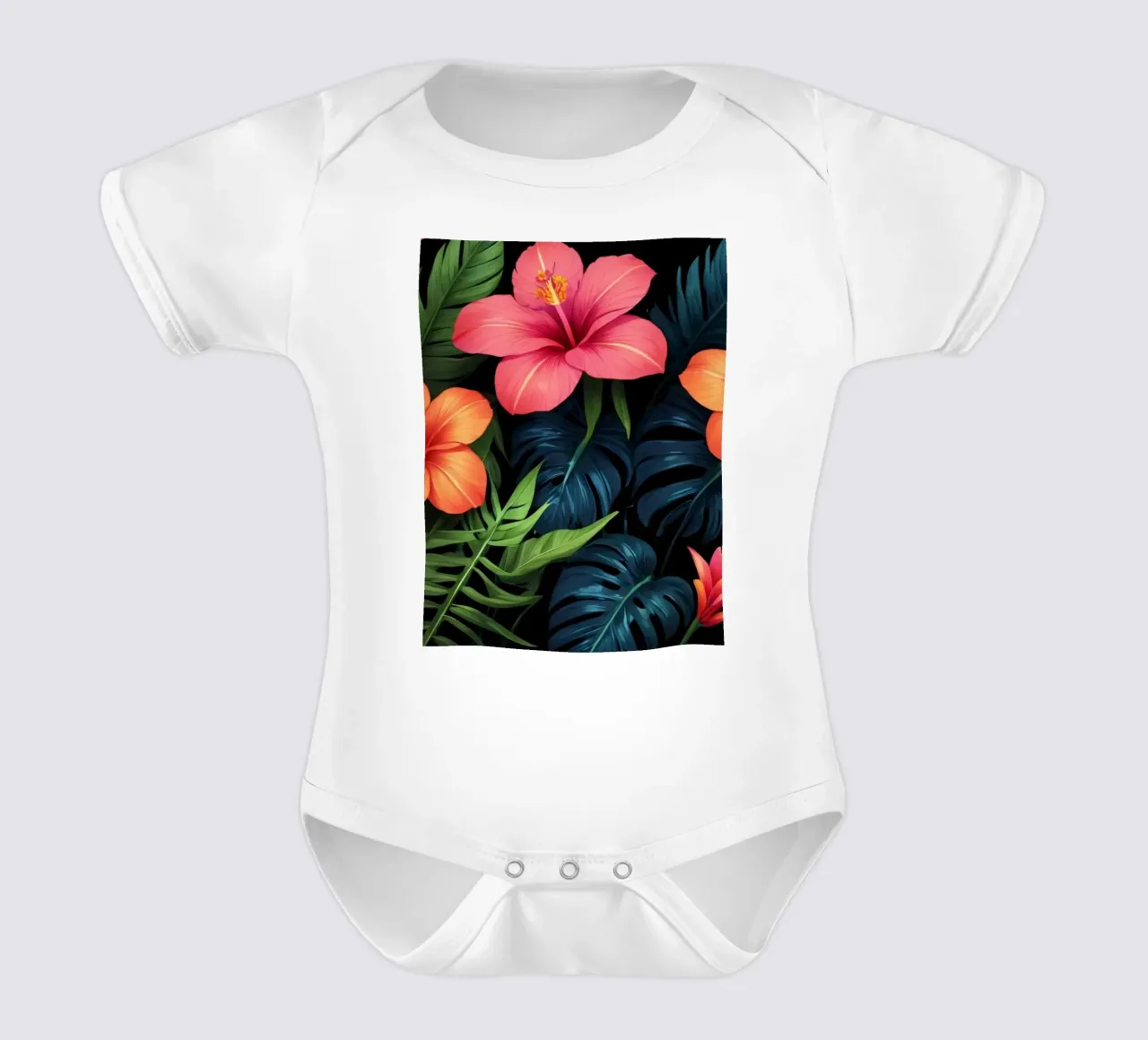 Vibranti fiori tropicali si combinano in un'esposizione artistica body neonato maniche corte da DesignDoodle