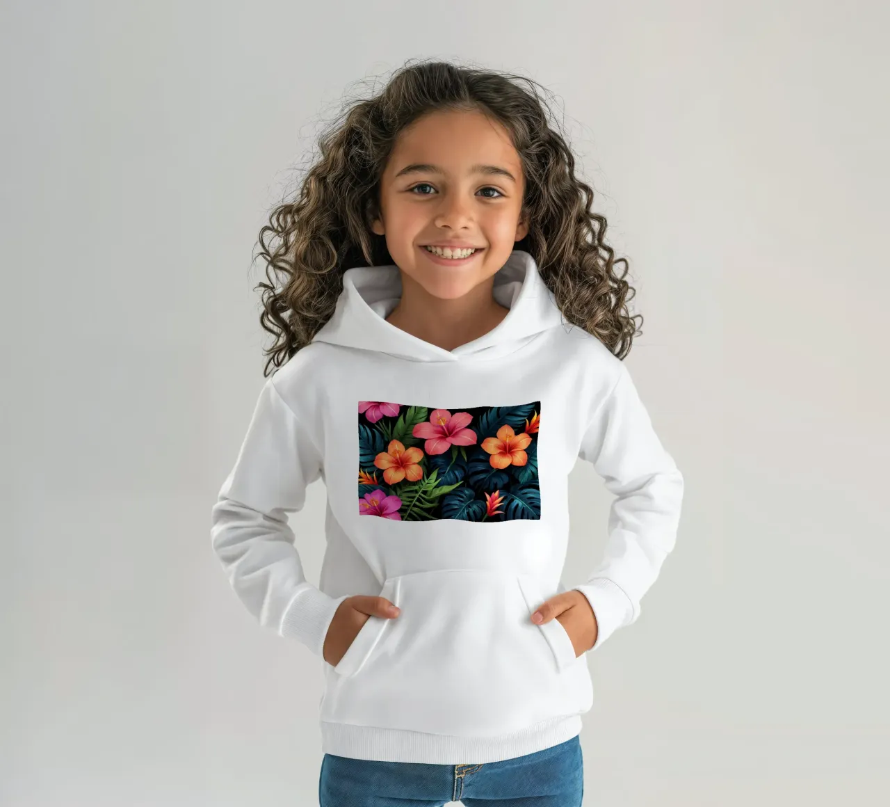 Las vibrantes flores tropicales se combinan en un despliegue artístico sudadera con capucha para niño de DesignDoodle