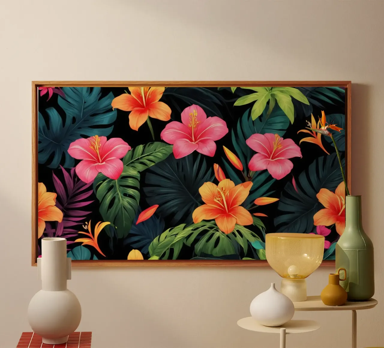 Levendig bloemenontwerp met hibiscus en tropische bladeren canvas met Baklijst van DesignDoodle