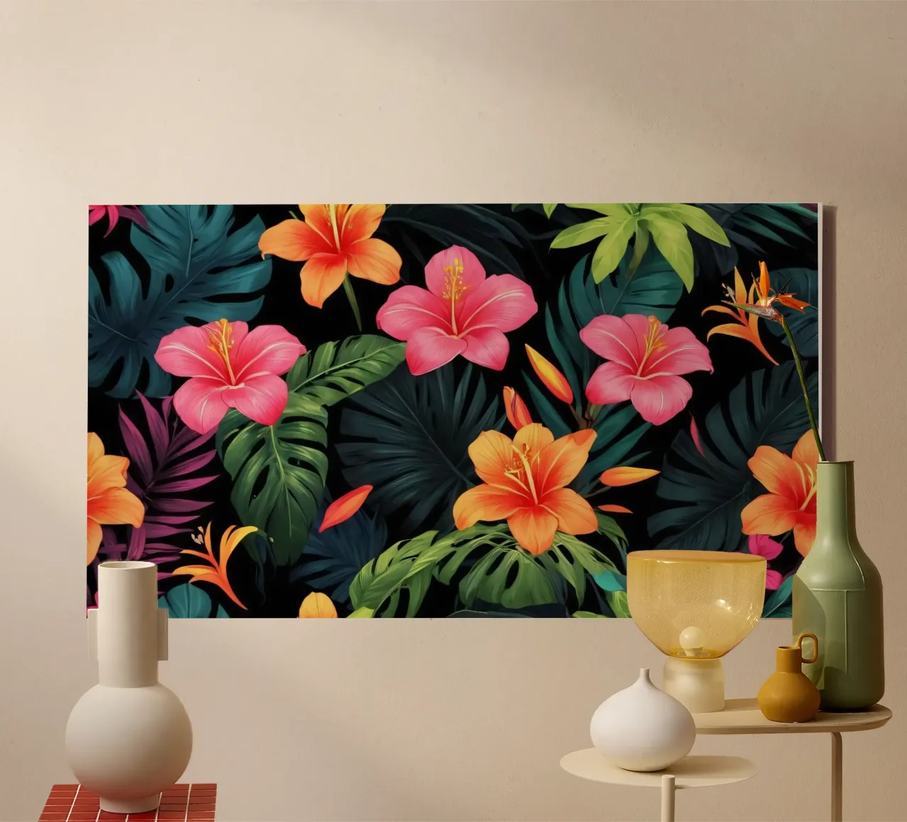 Levendig bloemenontwerp met hibiscus en tropische bladeren canvas met Baklijst van DesignDoodle