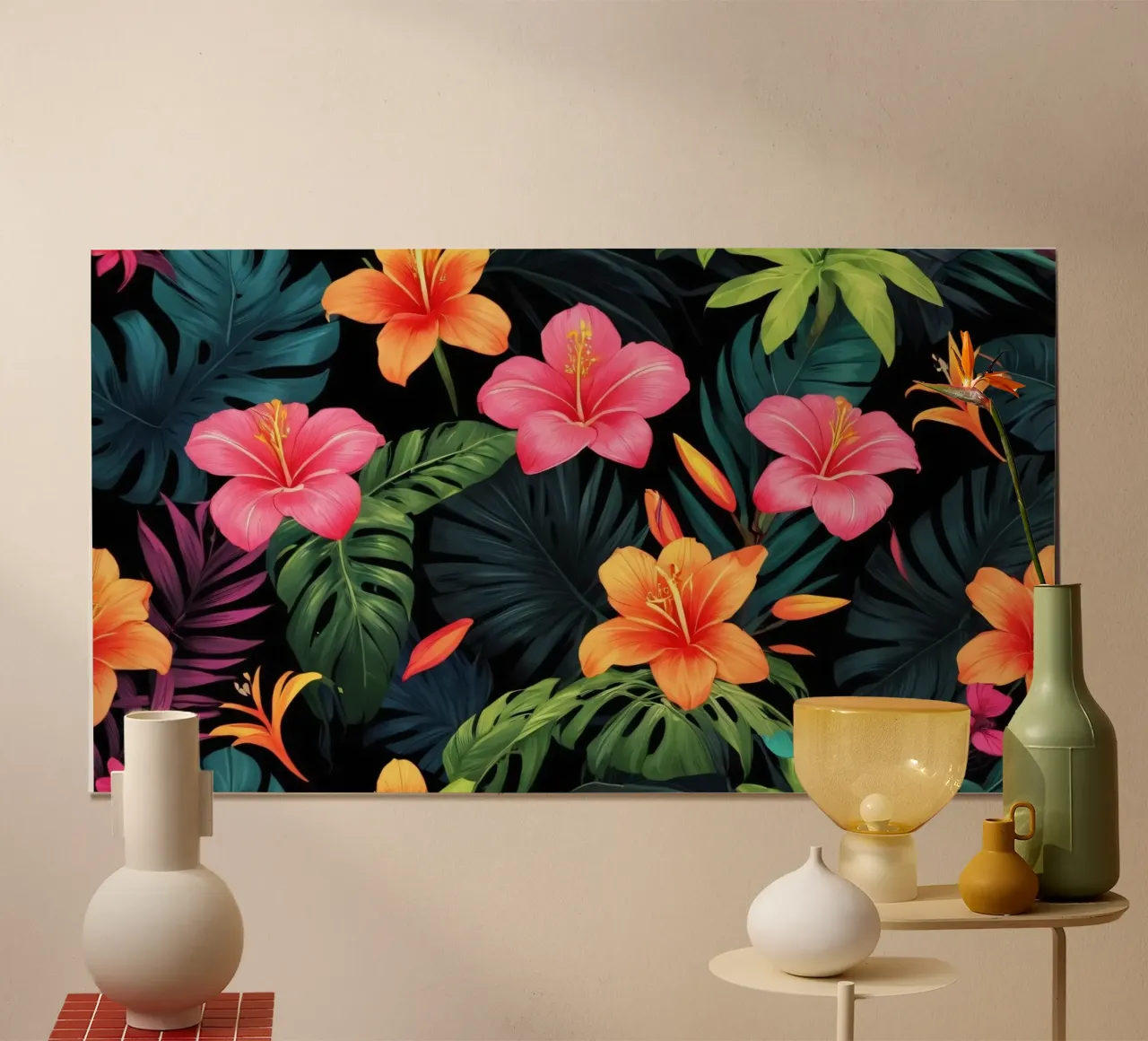 Lebendiges Blumendesign mit Hibiskus und tropischen Blättern Poster von DesignDoodle