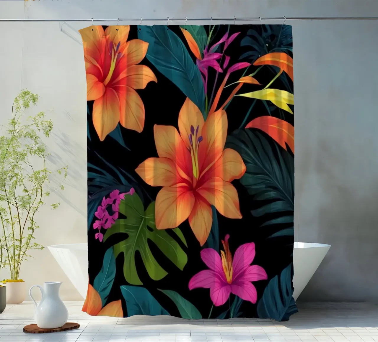 Buntes abstraktes Blumendesign mit lebhaften tropischen Motiven Duschvorhang von DesignDoodle