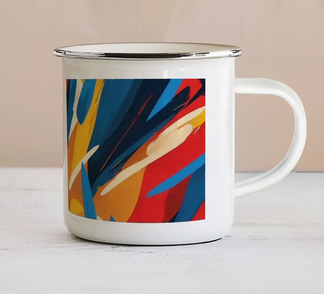 œuvre d'art abstraite avec des couleurs vives et des coups de pinceau dynamiques mug en émail de DesignDoodle