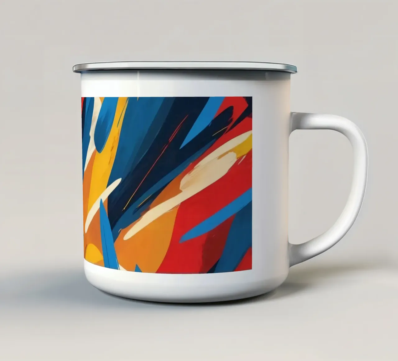 œuvre d'art abstraite avec des couleurs vives et des coups de pinceau dynamiques mug en émail de DesignDoodle