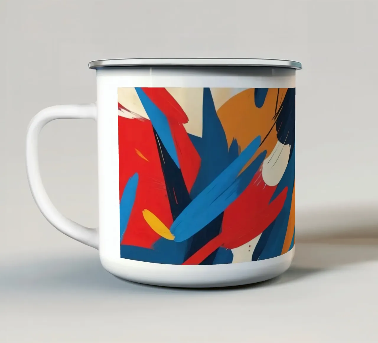 œuvre d'art abstraite avec des couleurs vives et des coups de pinceau dynamiques mug en émail de DesignDoodle