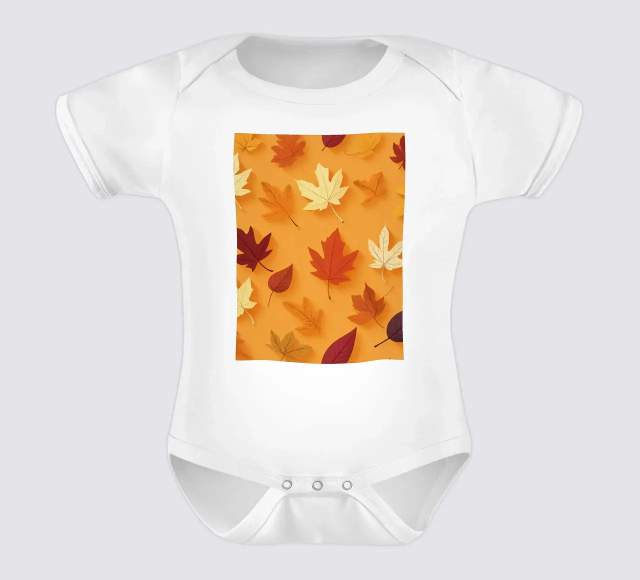 Colorful autumn leaves scattered, vibrant orange backdrop short-sleeve baby romper by DesignDoodle