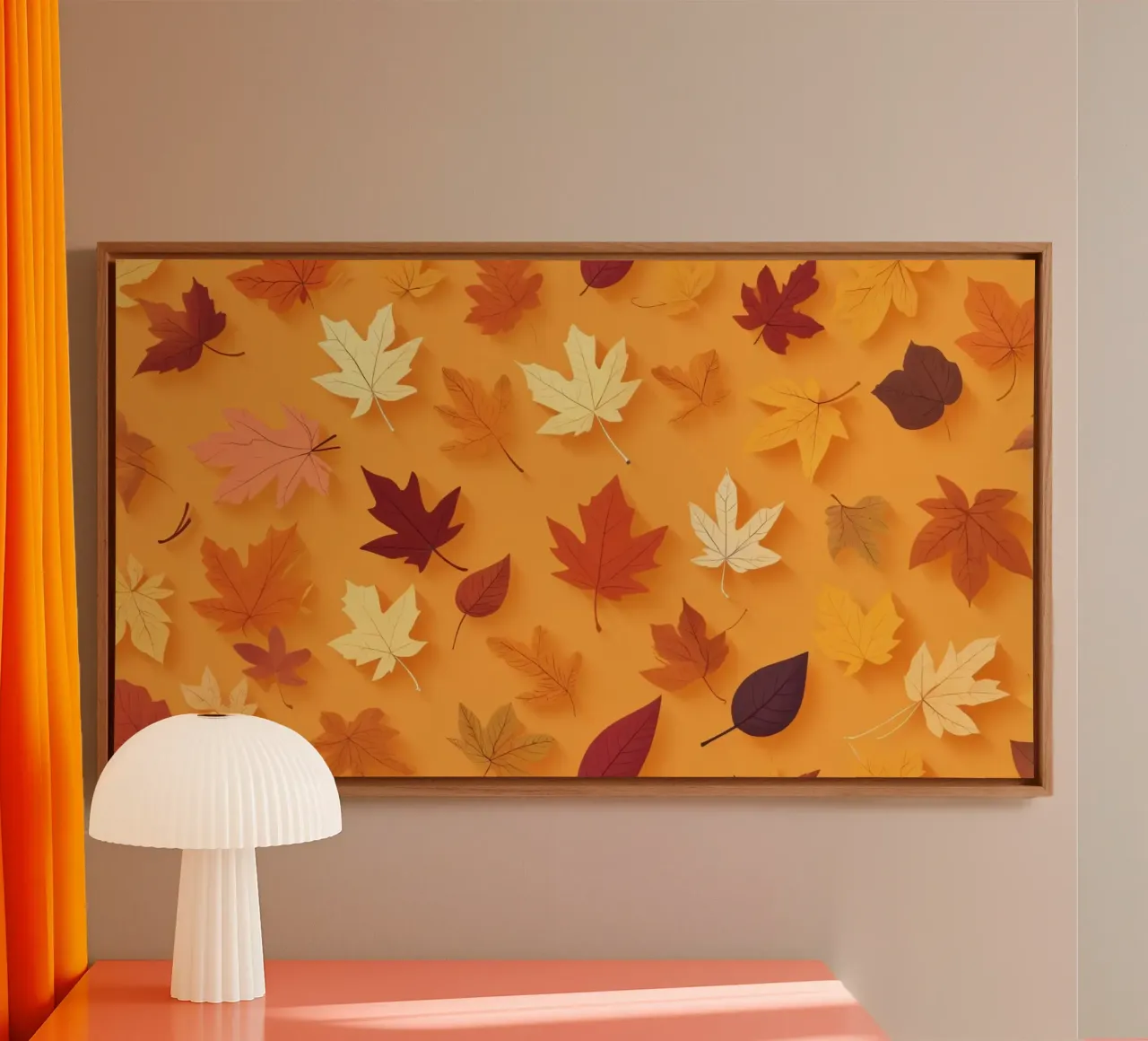 Colorful autumn leaves scattered, vibrant orange backdrop canvas by DesignDoodle
