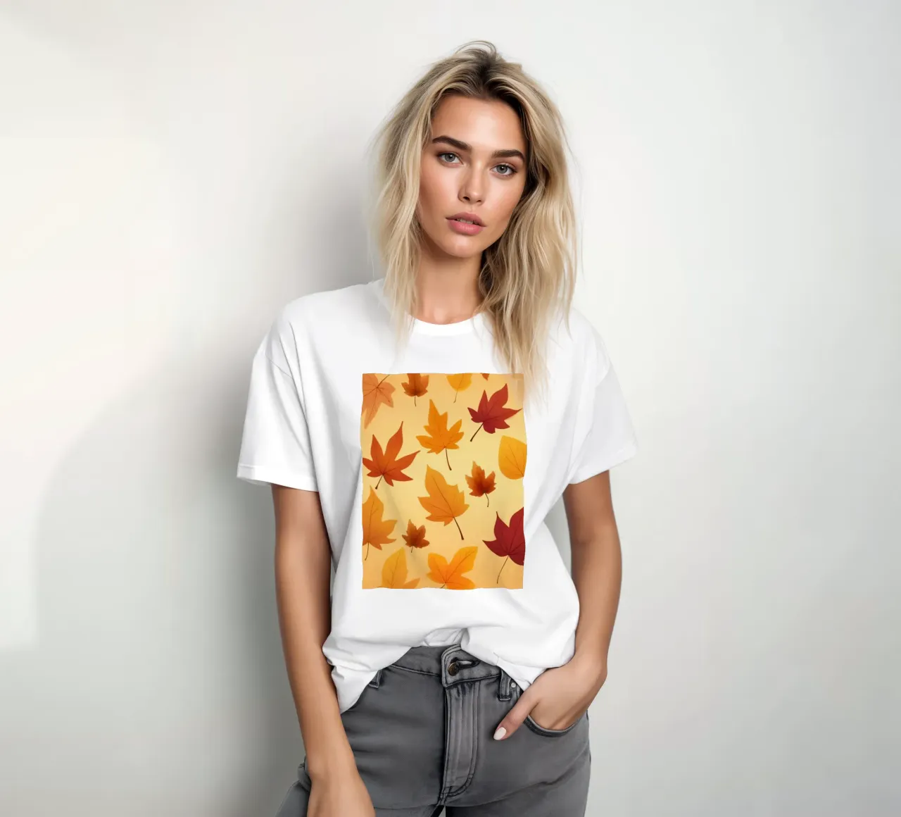autumn leaves in warm hues creating an abstract background t-shirt by DesignDoodle