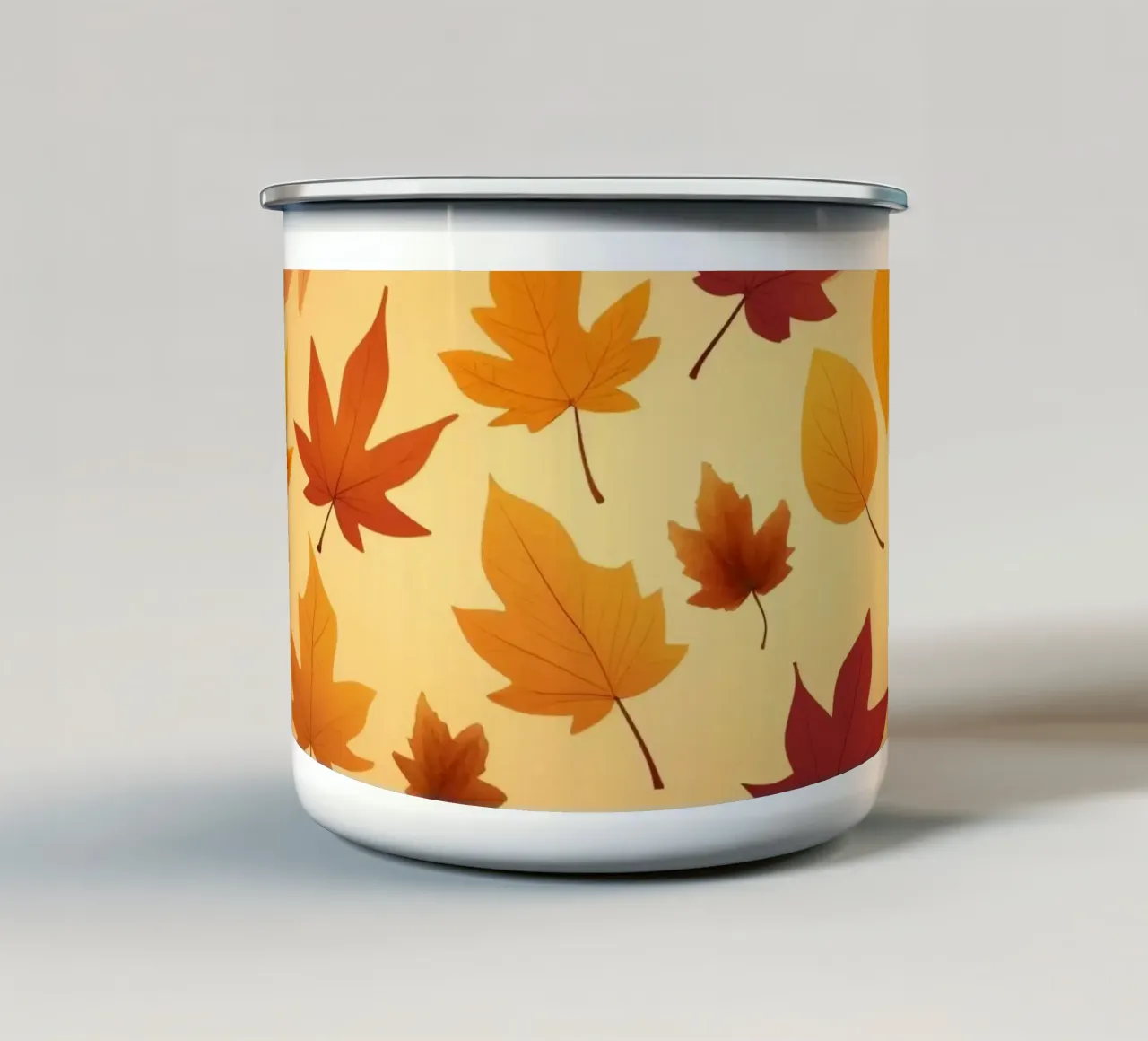 autumn leaves in warm hues creating an abstract background enamel mug by DesignDoodle