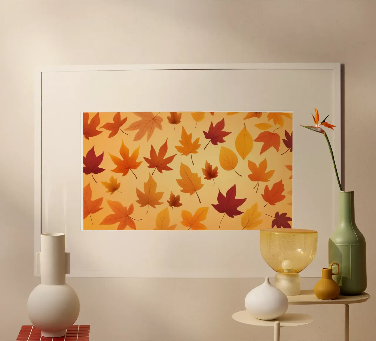 Feuilles d'automne dans des tons chauds créant un arrière-plan abstrait poster avec cadre en bois de DesignDoodle