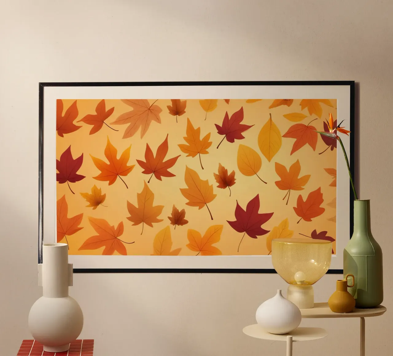 Feuilles d'automne dans des tons chauds créant un arrière-plan abstrait poster avec cadre en bois de DesignDoodle