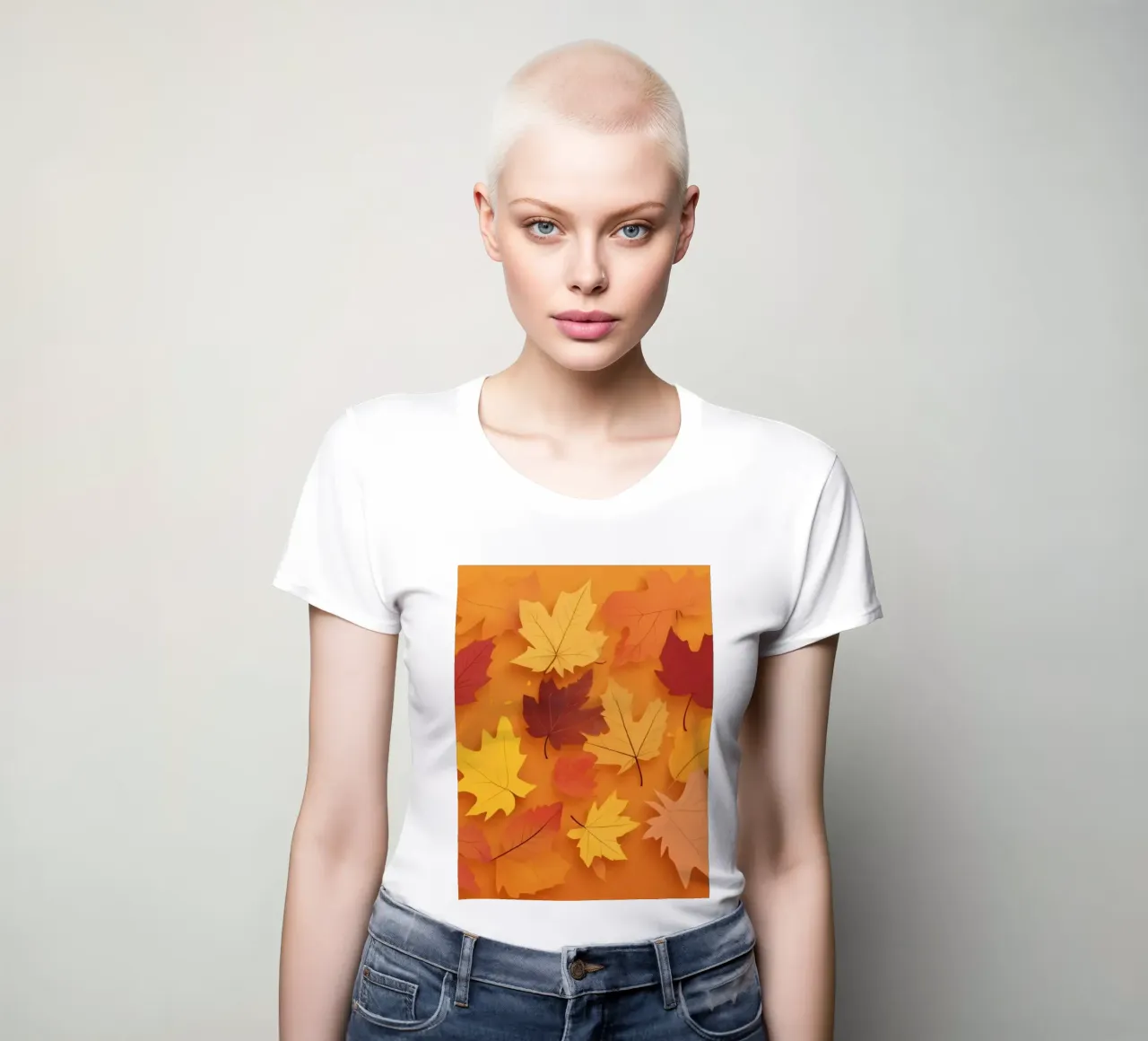 autumn leaves forming an abstract pattern on a warm orange women's fitted t-shirt by DesignDoodle