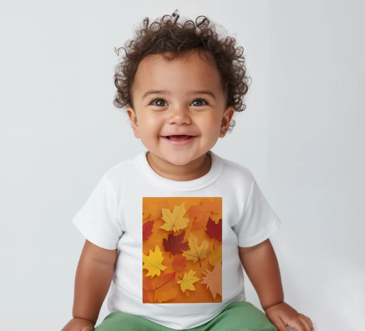 autumn leaves forming an abstract pattern on a warm orange baby t-shirt by DesignDoodle