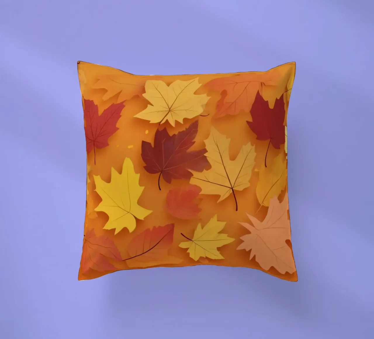 autumn leaves forming an abstract pattern on a warm orange decorative cushion by DesignDoodle