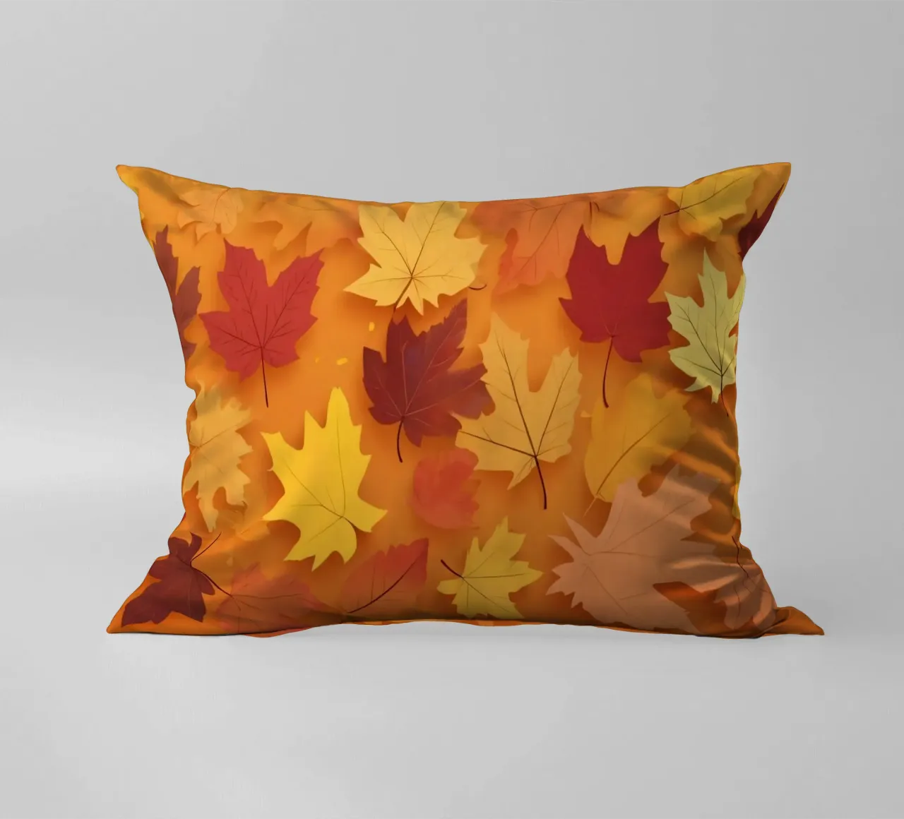 autumn leaves forming an abstract pattern on a warm orange decorative cushion by DesignDoodle