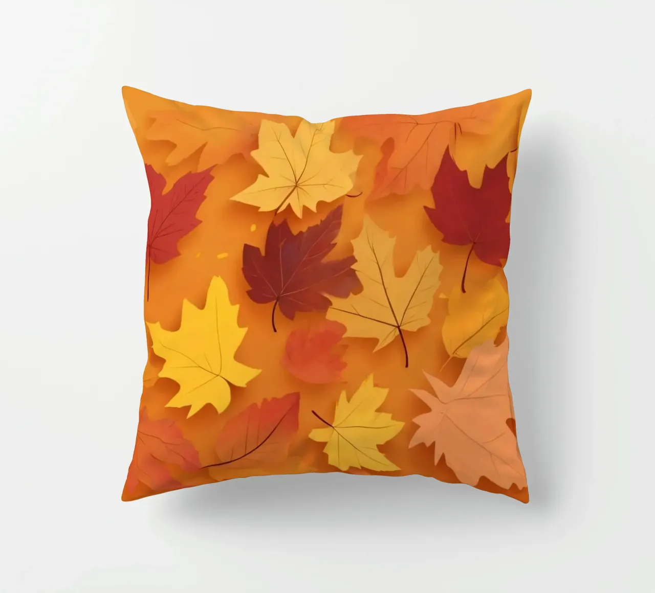 autumn leaves forming an abstract pattern on a warm orange decorative cushion by DesignDoodle