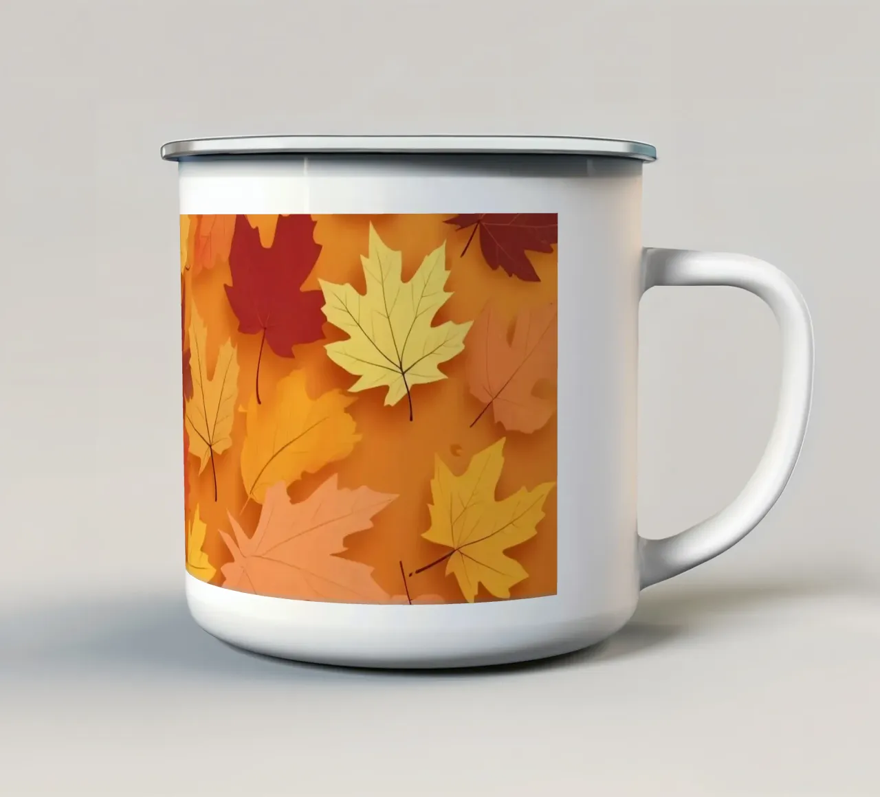 feuilles d'automne formant un motif abstrait sur un orange chaud mug en émail de DesignDoodle