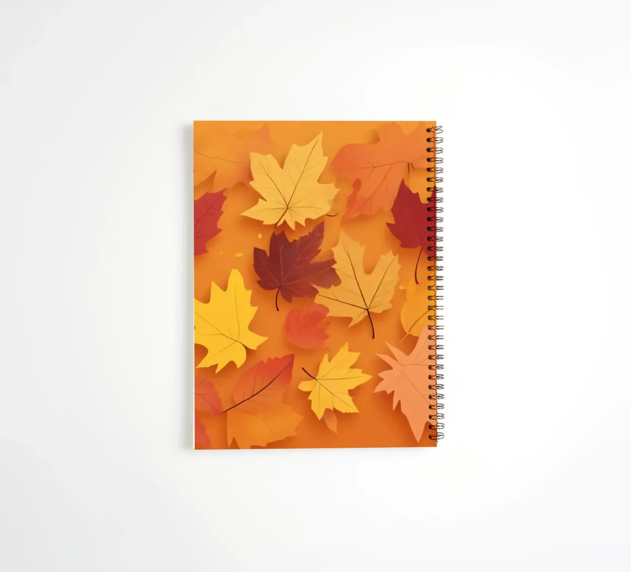 autumn leaves forming an abstract pattern on a warm orange spiral notebook by DesignDoodle