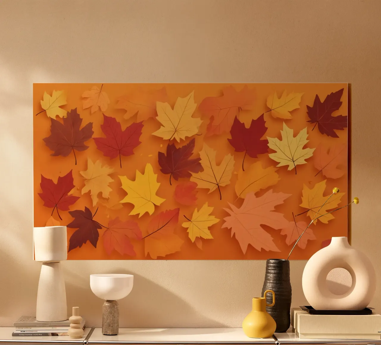 feuilles d'automne formant un motif abstrait sur un orange chaud plexiglas de DesignDoodle