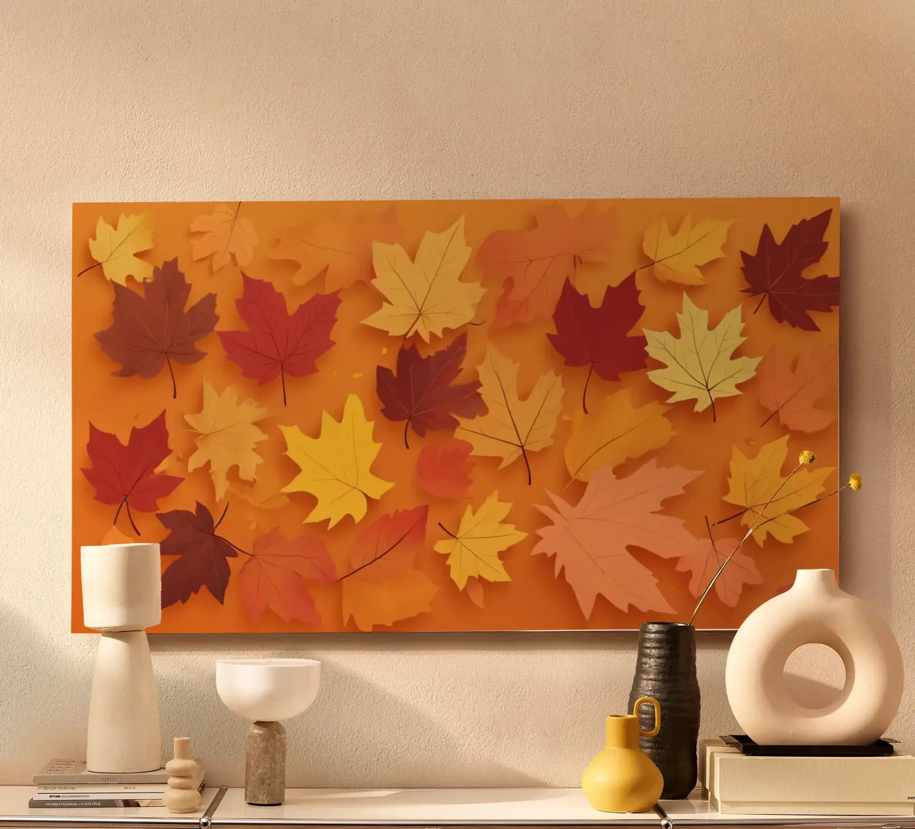 feuilles d'automne formant un motif abstrait sur un orange chaud alu dibond de DesignDoodle