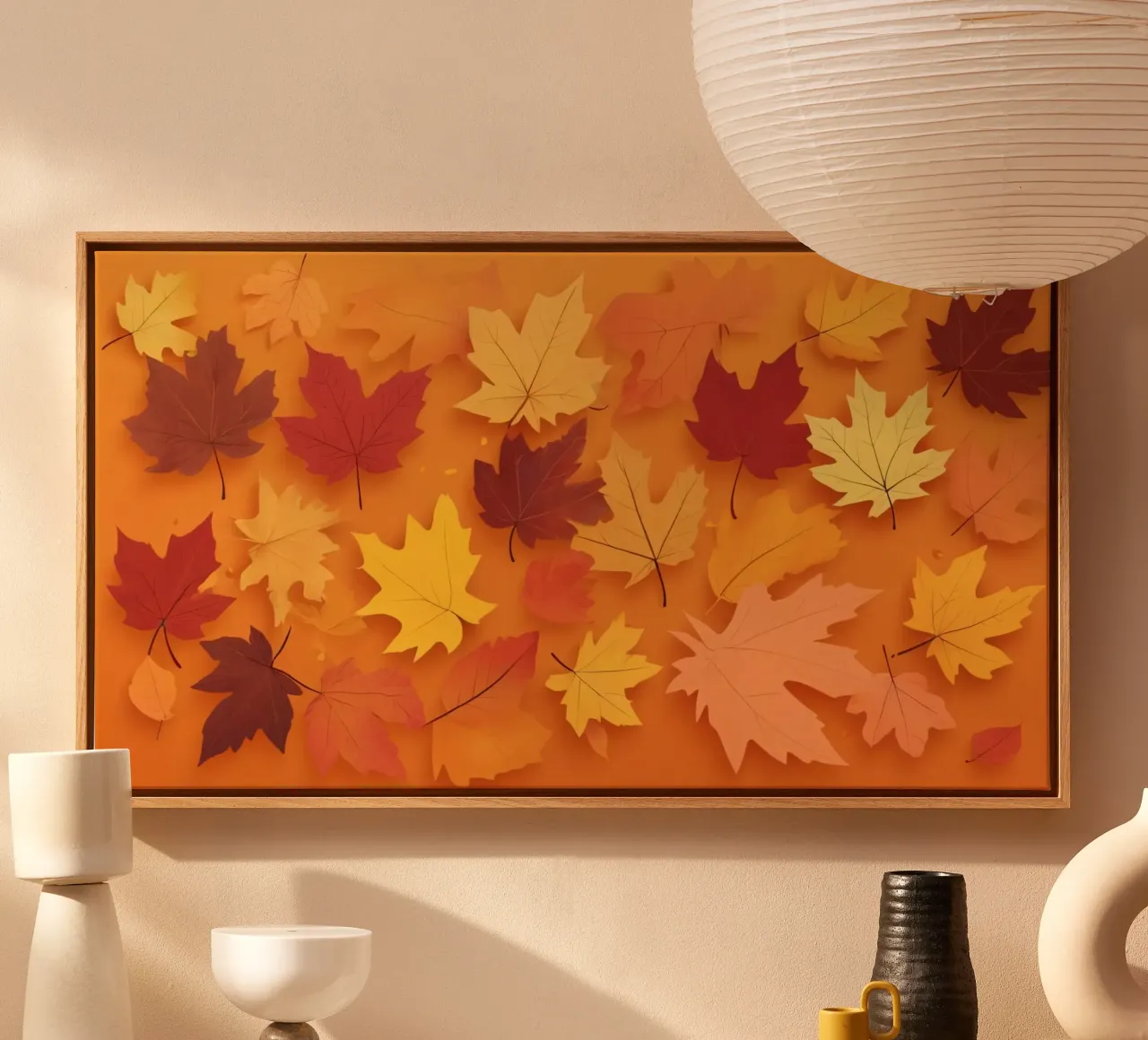 autumn leaves forming an abstract pattern on a warm orange canvas by DesignDoodle