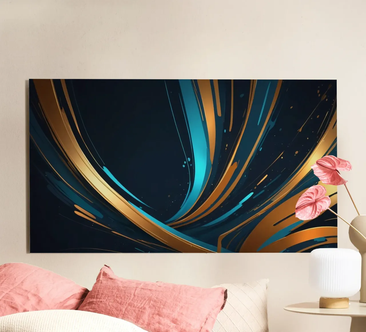 Lebendiger abstrakter Hintergrund mit fließenden Linien in Gold Alu-Dibond von DesignDoodle