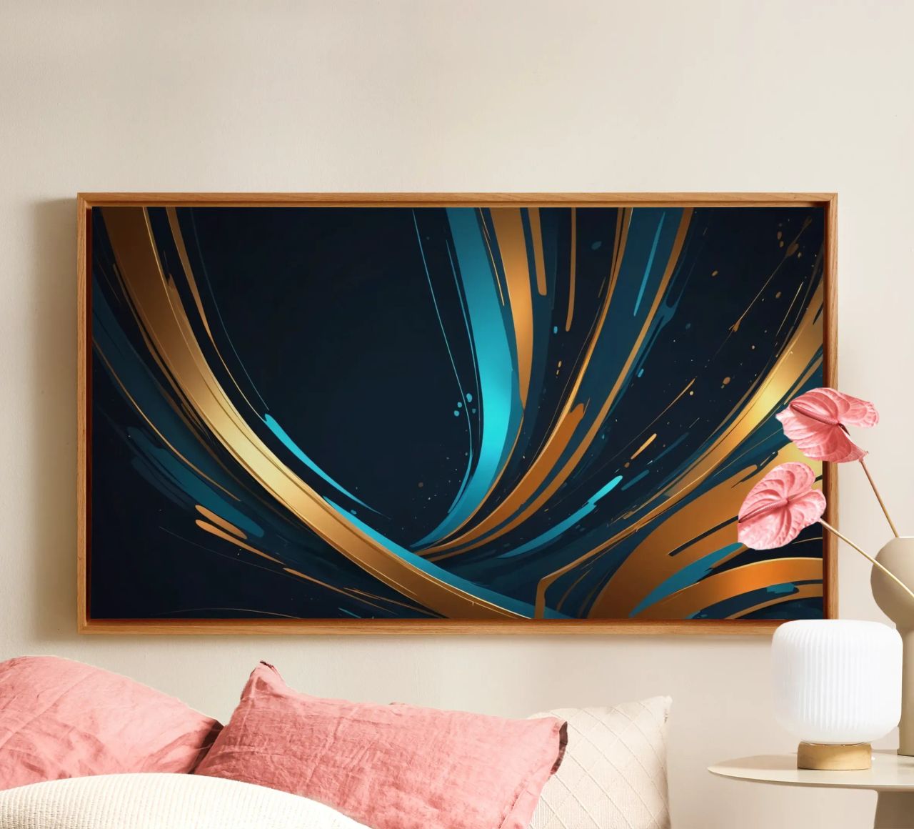 Vibrante sfondo astratto con linee fluenti in oro tela da DesignDoodle