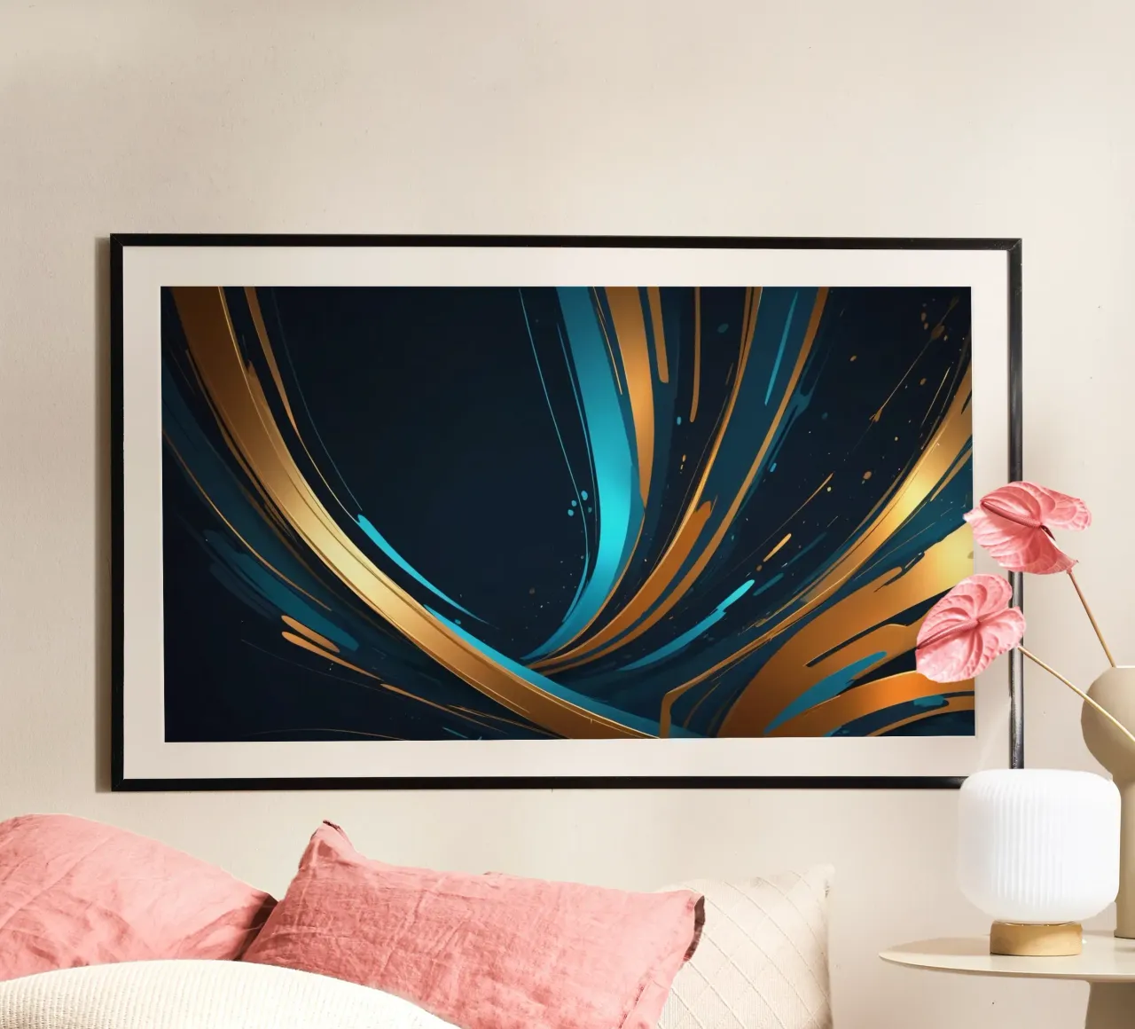 Vibrant abstract background with flowing lines in gold hahnemühle by DesignDoodle
