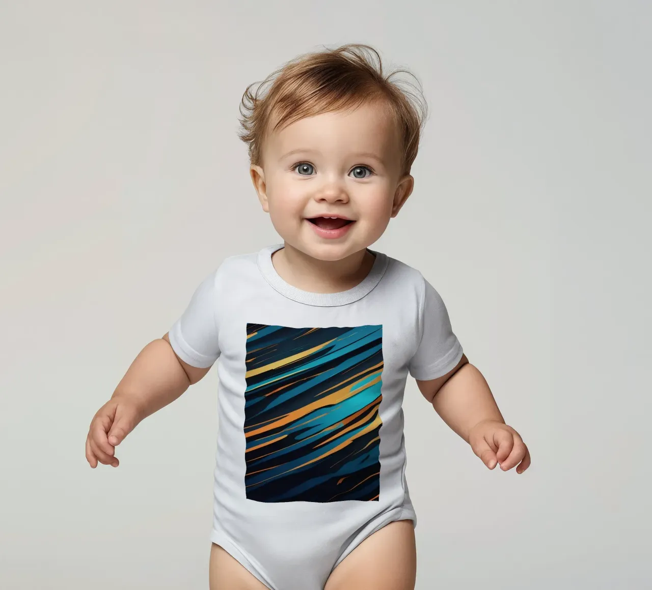 Dynamisch abstract behangontwerp met blauw en oranje babyrompertje korte mouwen van DesignDoodle