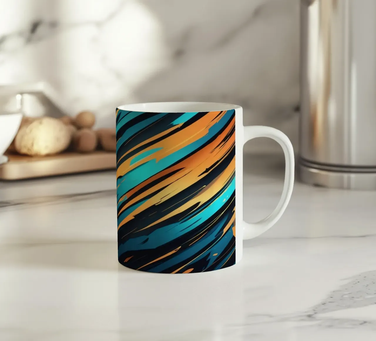 Carta da parati dinamica e astratta con blu e arancione tazza in ceramica da DesignDoodle