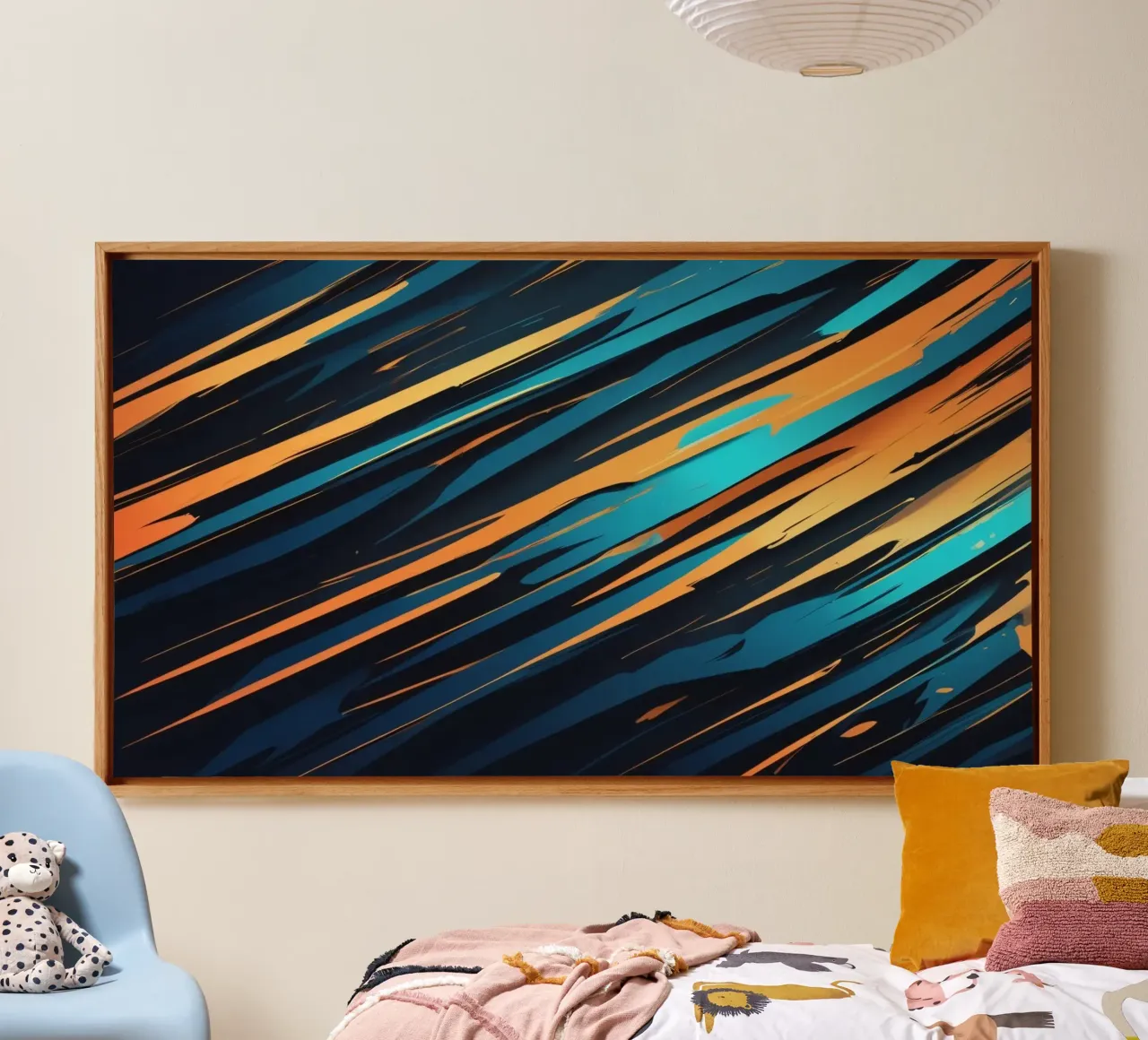 Dynamisch abstract behangontwerp met blauw en oranje canvas met Baklijst van DesignDoodle