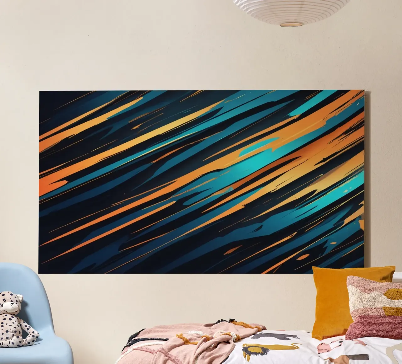 Dynamisch abstract behangontwerp met blauw en oranje canvas met Baklijst van DesignDoodle