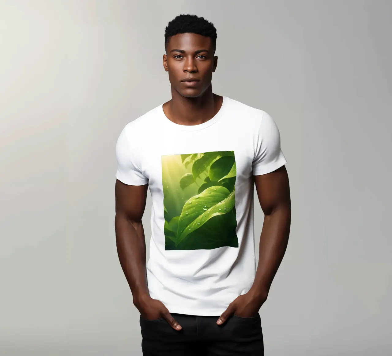 Lush greenery with sparkling droplet illuminated by sunlight t-shirt by DesignDoodle