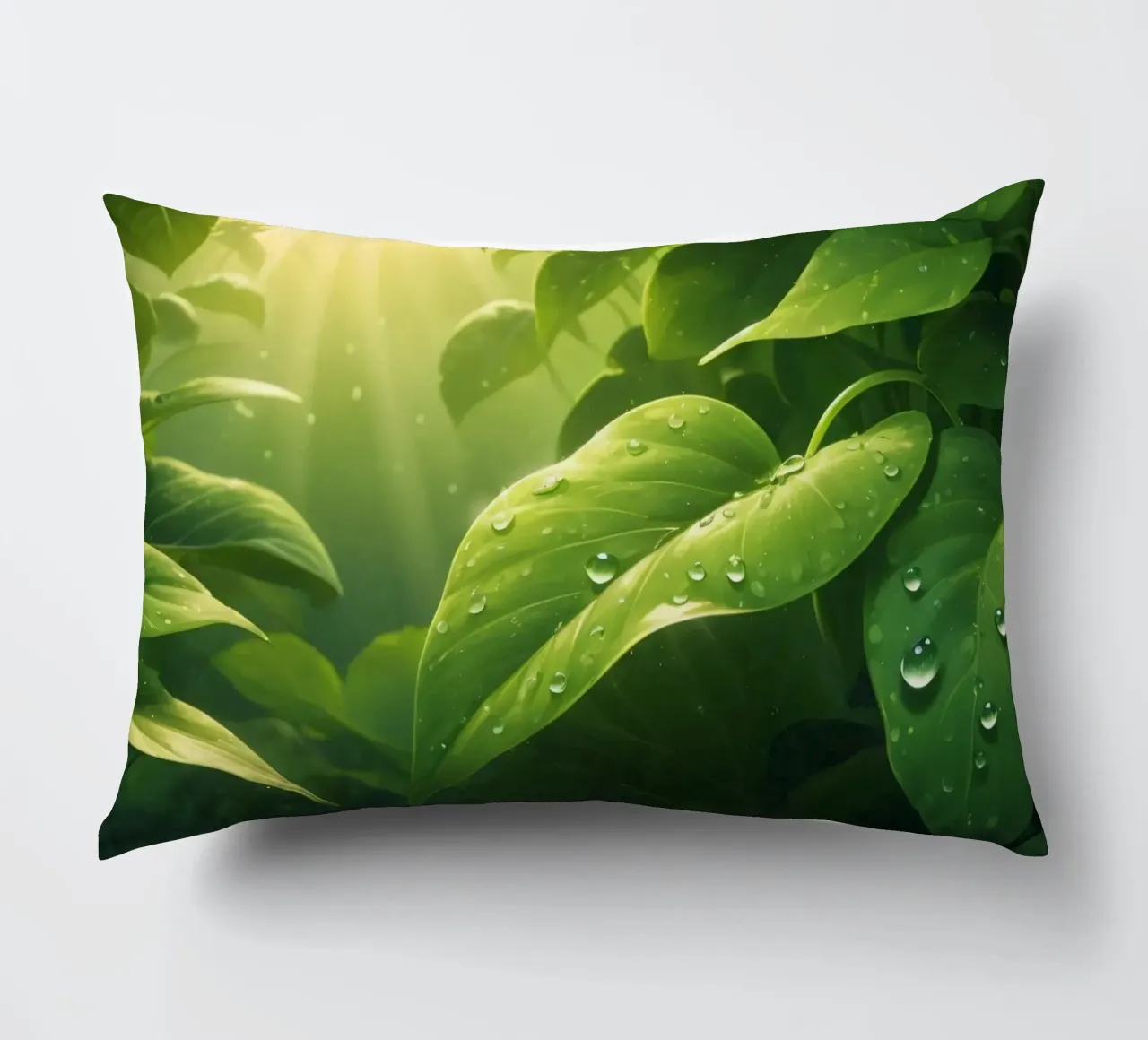 Verde lussureggiante con goccioline scintillanti illuminate dalla luce del sole cuscino da DesignDoodle