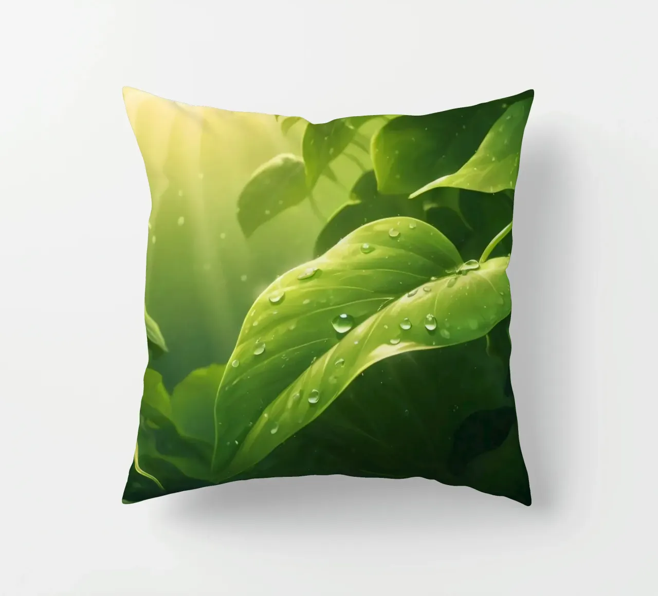 Verde lussureggiante con goccioline scintillanti illuminate dalla luce del sole cuscino da DesignDoodle