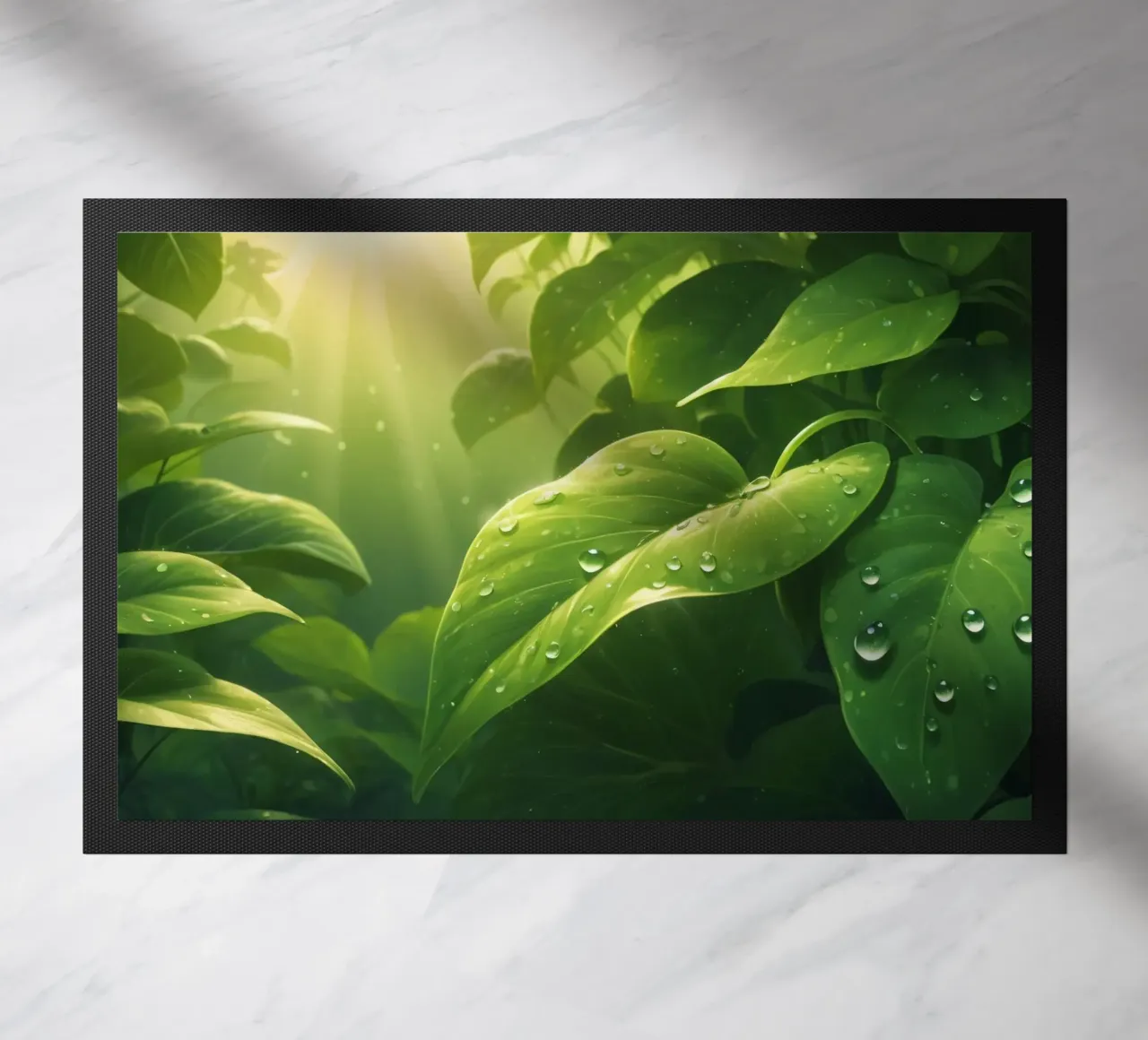 Verde lussureggiante con goccioline scintillanti illuminate dalla luce del sole zerbino da DesignDoodle