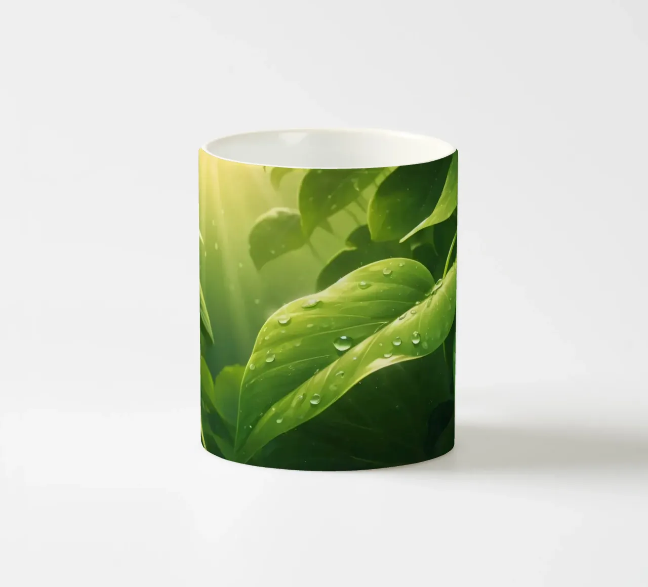 Verde lussureggiante con goccioline scintillanti illuminate dalla luce del sole tazza in ceramica da DesignDoodle