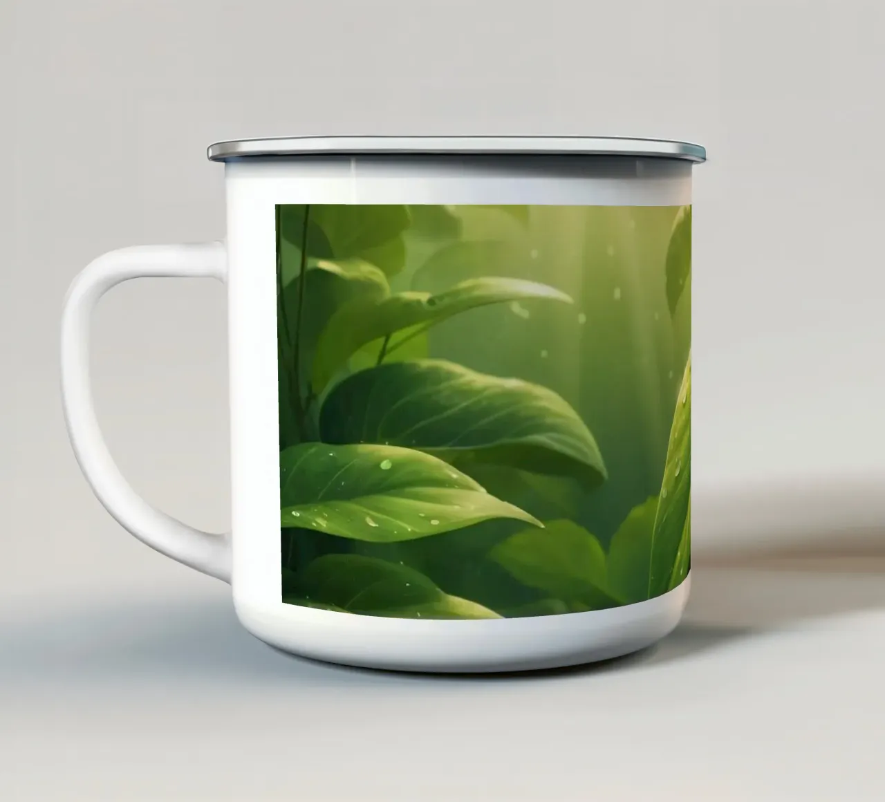 Verde lussureggiante con goccioline scintillanti illuminate dalla luce del sole tazza in smalto da DesignDoodle