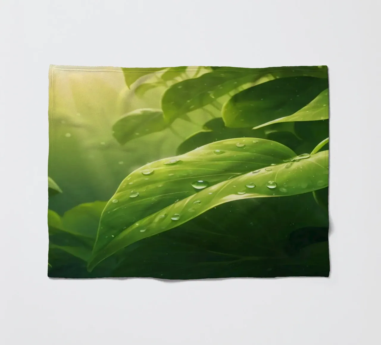 Lush greenery with sparkling droplet illuminated by sunlight fleece blanket by DesignDoodle