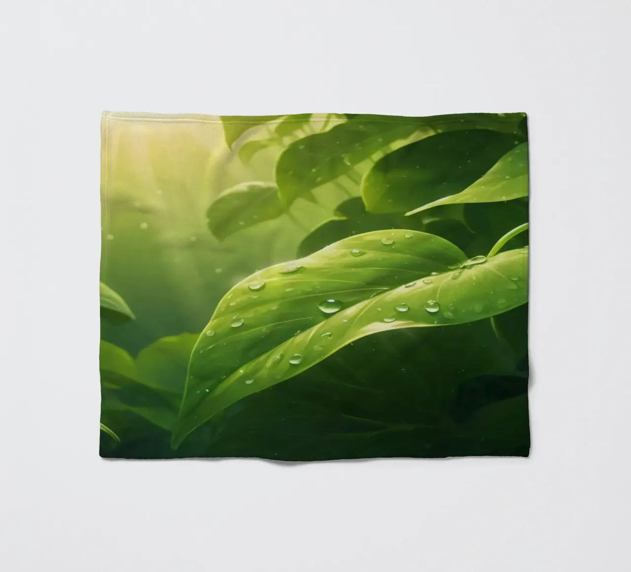 Lush greenery with sparkling droplet illuminated by sunlight fleece blanket by DesignDoodle