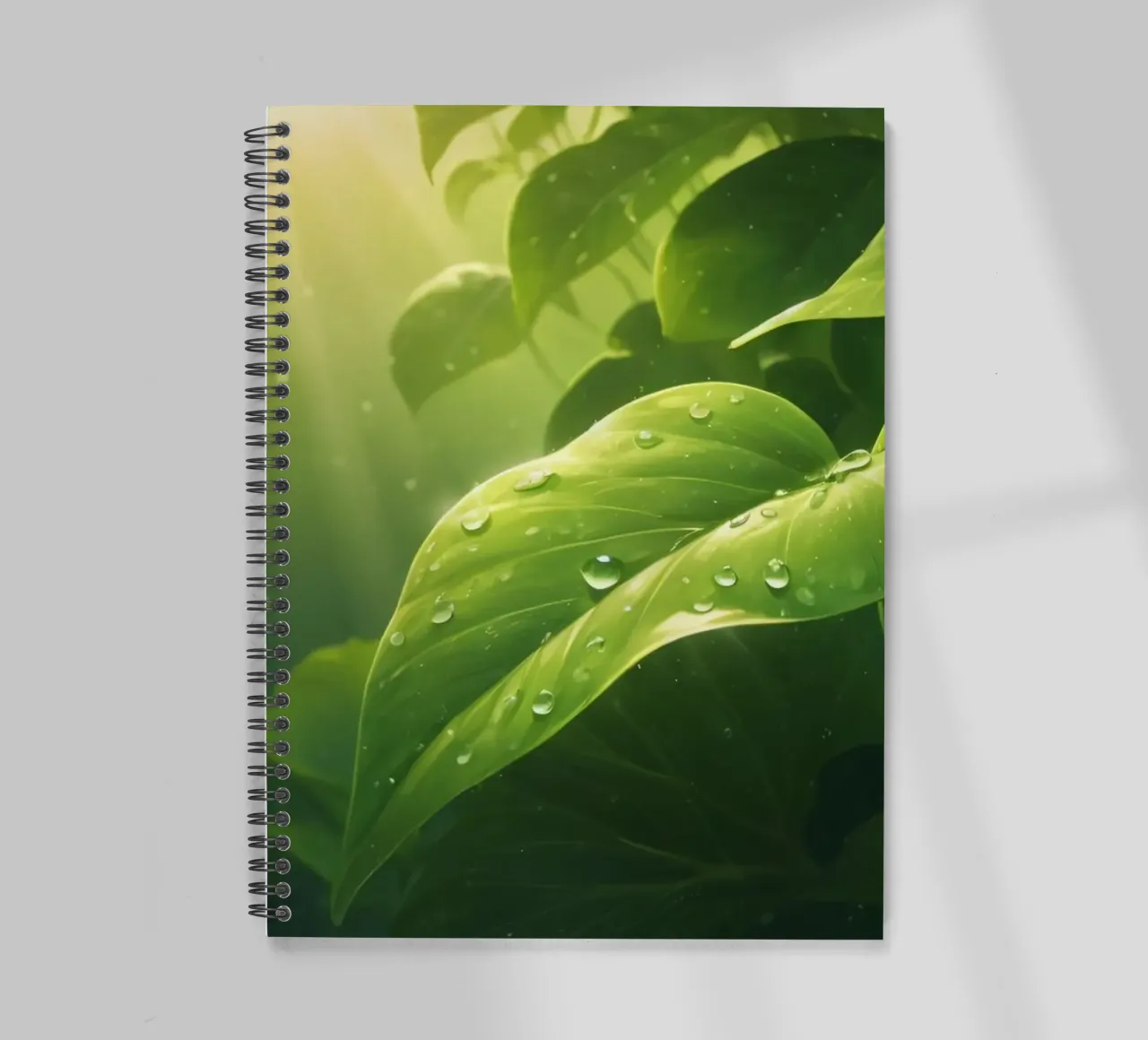 Lush greenery with sparkling droplet illuminated by sunlight spiral notebook by DesignDoodle