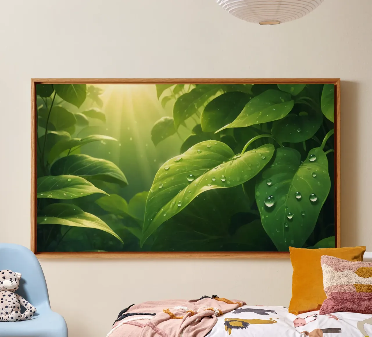Lush greenery with sparkling droplet illuminated by sunlight canvas by DesignDoodle