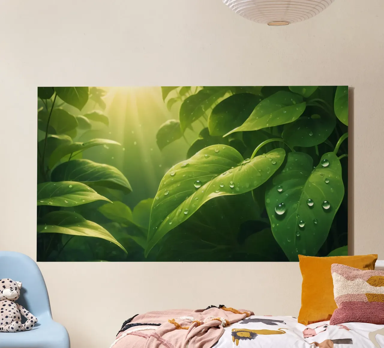 Lush greenery with sparkling droplet illuminated by sunlight canvas by DesignDoodle