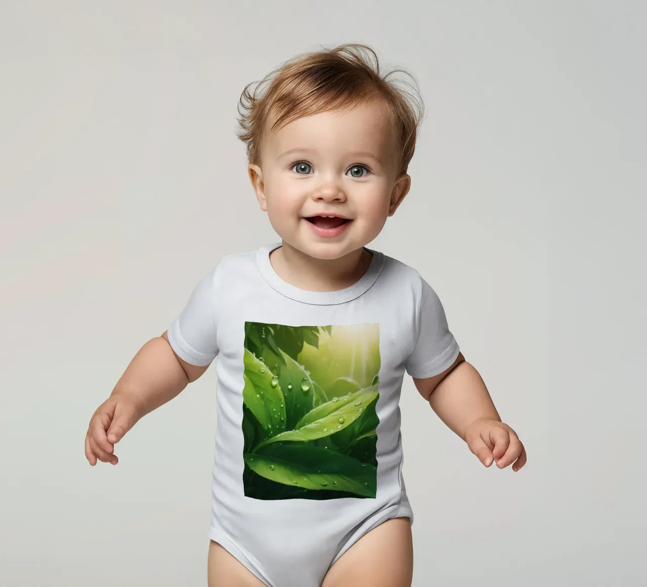 Foglie verdi e rigogliose che scintillano alla luce del sole con gocce d'acqua body neonato maniche corte da DesignDoodle
