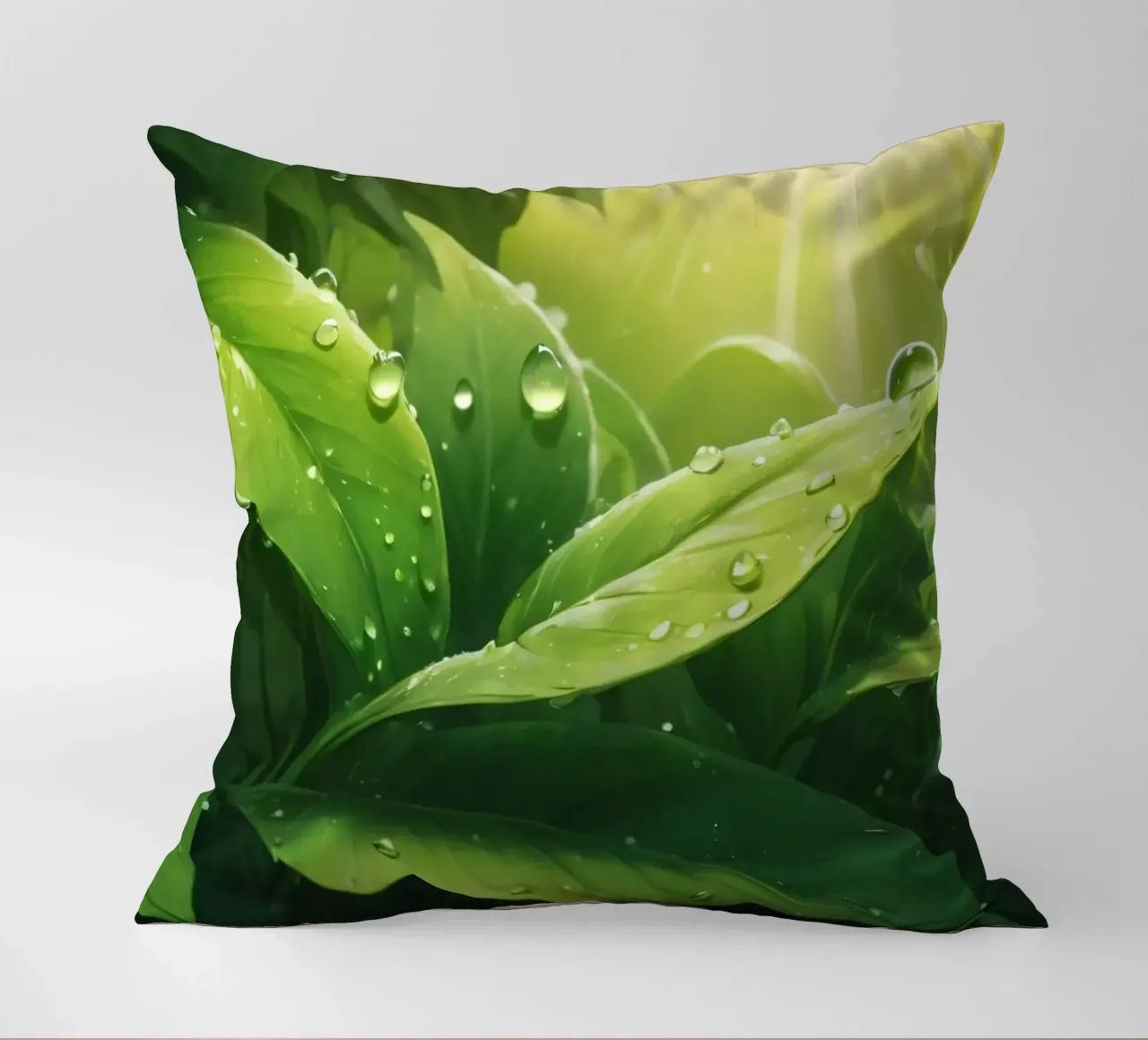 Foglie verdi e rigogliose che scintillano alla luce del sole con gocce d'acqua cuscino da DesignDoodle